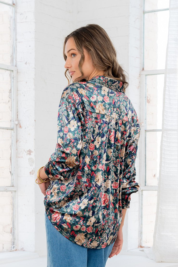 Green Floral Print Button Down Satin Blouse | SEW IN LOVE *30A SEPT PREORDER
