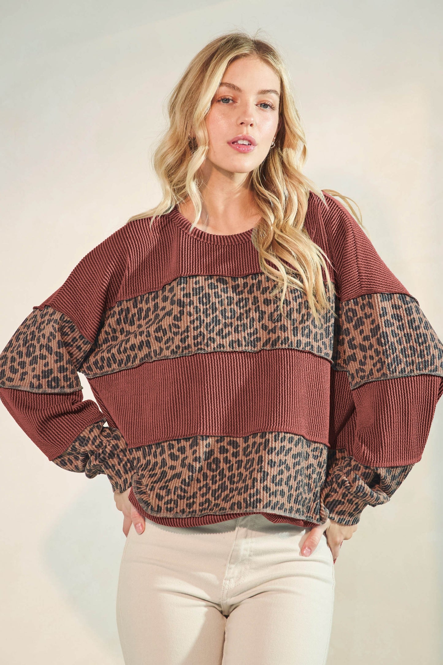 Rust Puff Sleeve Solid Urban Ribbed And Animal Top | HEIMISH *NASHVILLE LIVE PREORDER