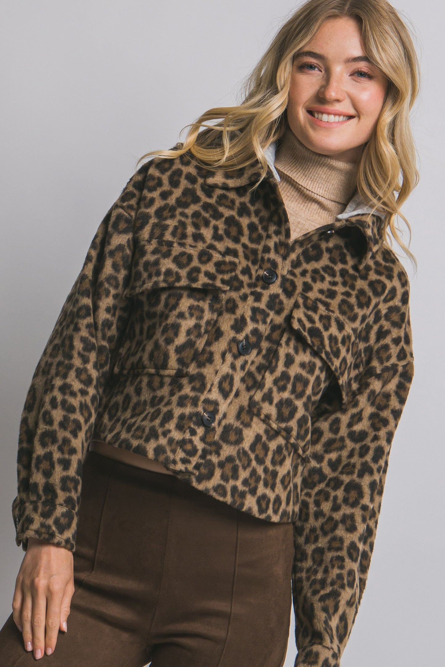 Brown Leopard Print Shacket W/removable Hood