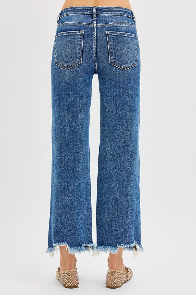 Dark Wash Mid Rise Crop Straight Denim Jeans | RISEN
