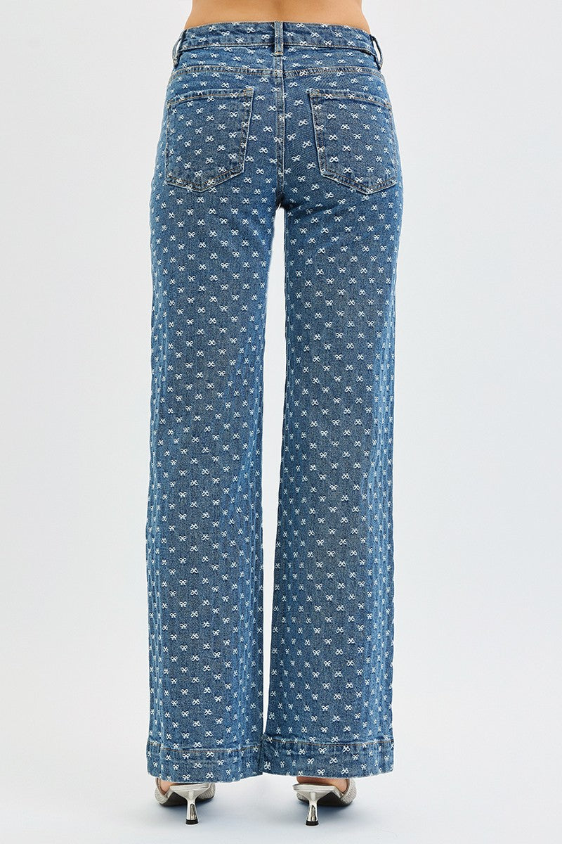 High Rise Wide Leg Bow Embroidered Jeans | RISEN