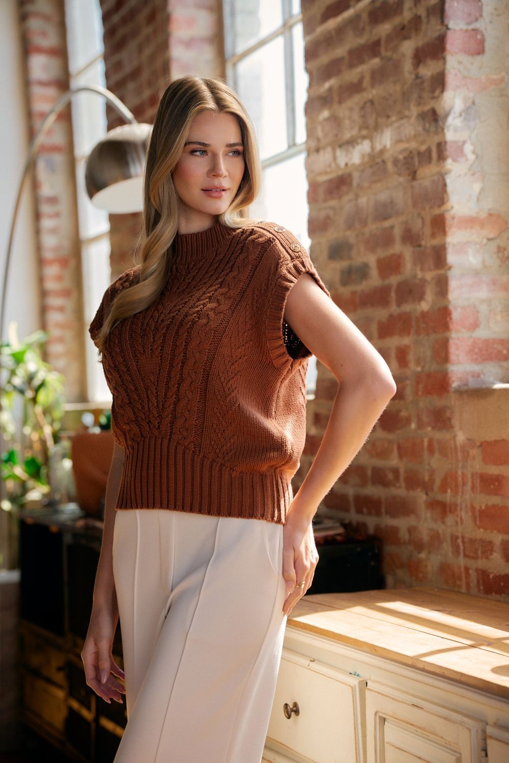 Cable Knit Vest Sweater Top W/ Side Gold Buttons
