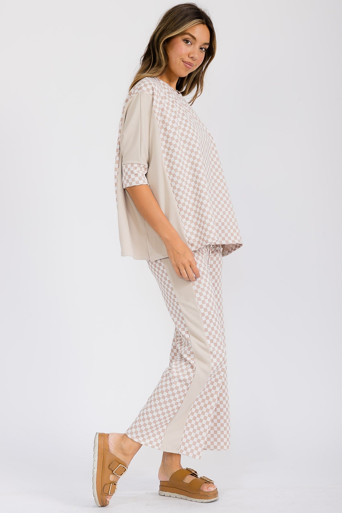 Cream Checkerboard Contrast Matching Pants
