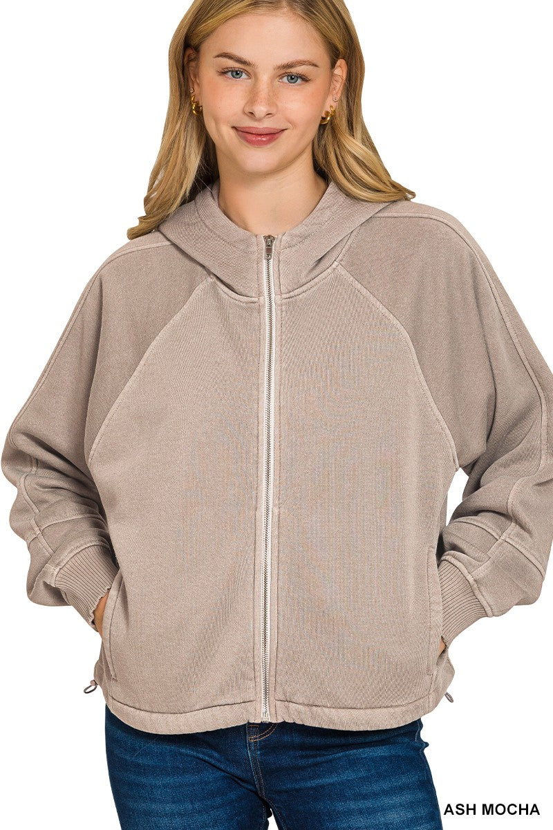Fleece Pigment Dye Zip Up Hoodie W Pockets (5 COLORS) | ZENANA *LA LIVE PREORDER