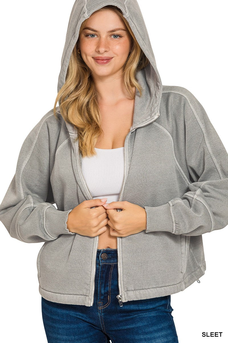 Fleece Pigment Dye Zip Up Hoodie W Pockets (5 COLORS) | ZENANA *LA LIVE PREORDER