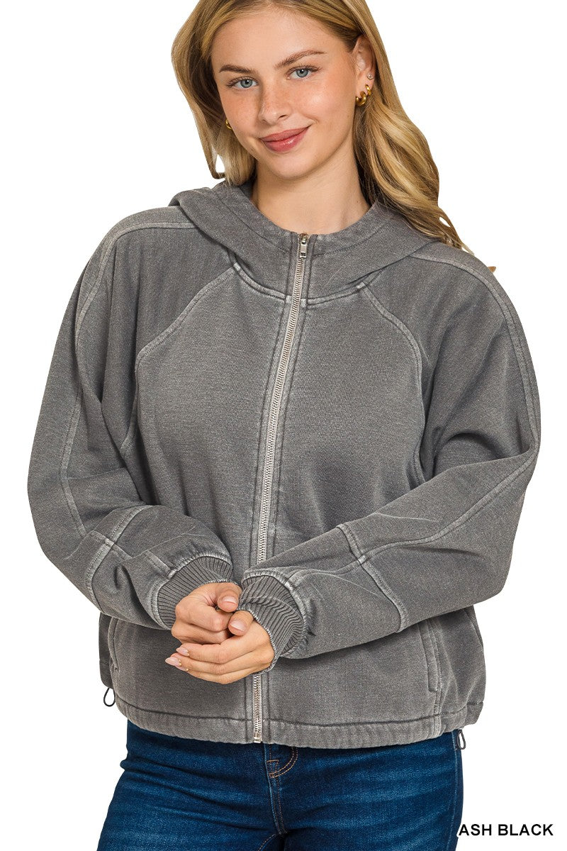 Fleece Pigment Dye Zip Up Hoodie W Pockets (5 COLORS) | ZENANA *LA LIVE PREORDER