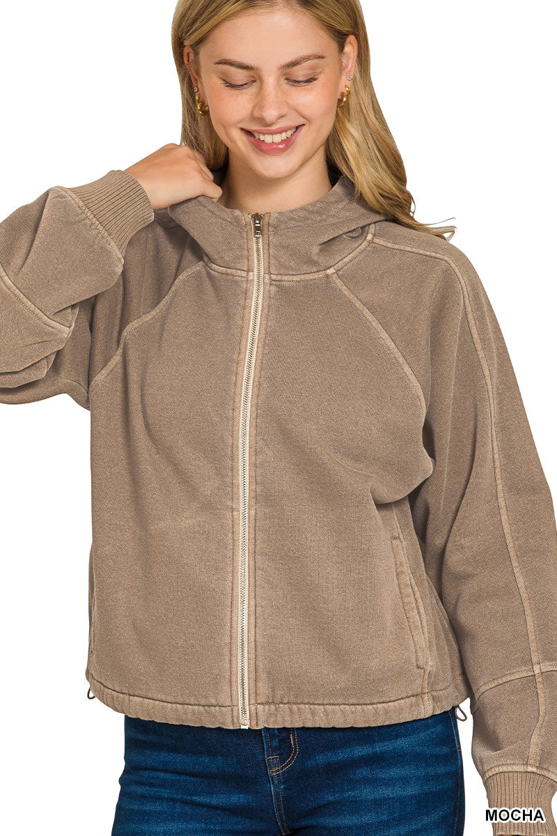 Fleece Pigment Dye Zip Up Hoodie W Pockets (5 COLORS) | ZENANA *LA LIVE PREORDER