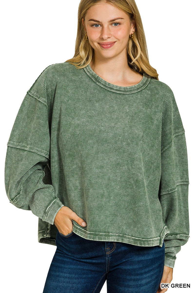 Acid Washed Double Ribbed Exposed-seam Pullover (4 COLORS) | ZENANA *LA LIVE PREORDER