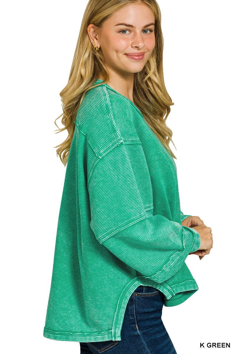 Acid Washed Double Ribbed Exposed-seam Pullover (4 COLORS) | ZENANA *LA LIVE PREORDER