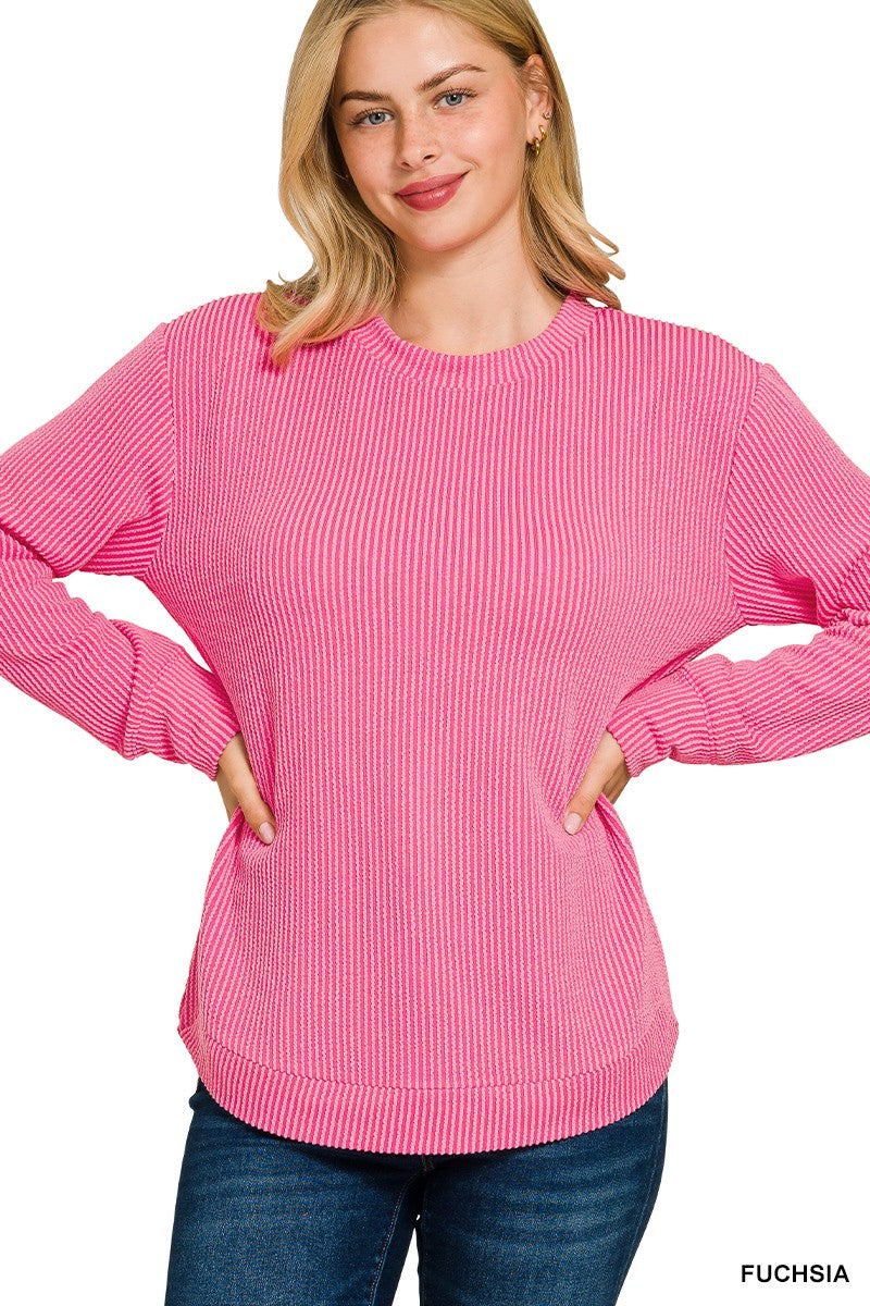 Raised Rib Round Neck Long Sleeve Top (5 COLORS) | ZENANA *LA LIVE PREORDER
