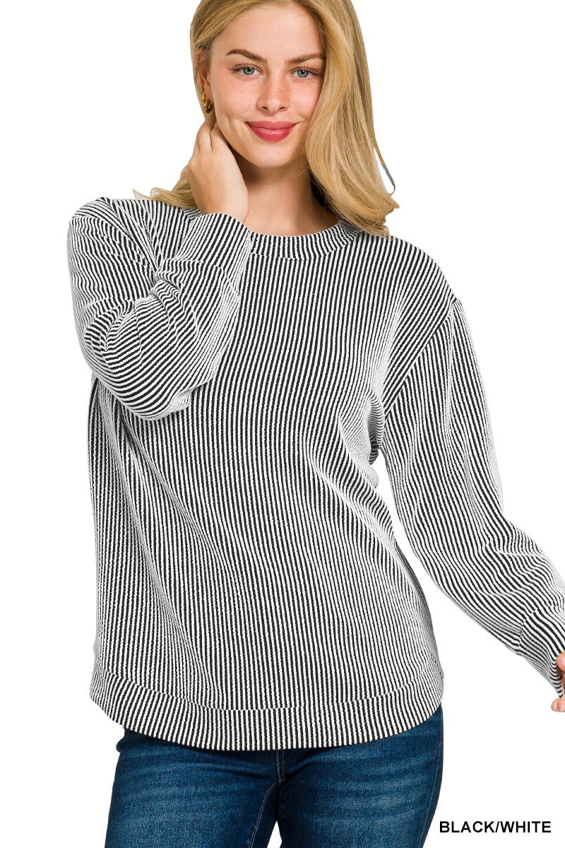 Raised Rib Round Neck Long Sleeve Top (5 COLORS) | ZENANA *LA LIVE PREORDER