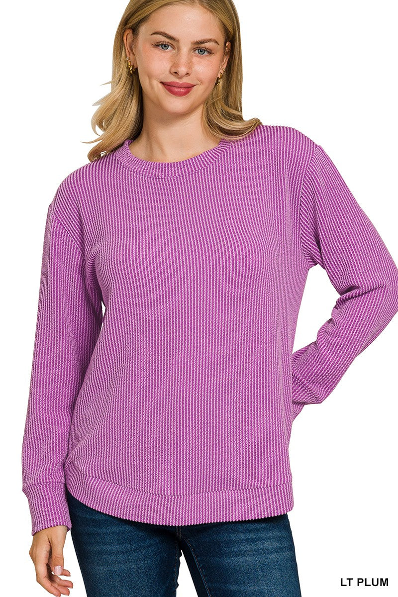 Raised Rib Round Neck Long Sleeve Top (5 COLORS) | ZENANA *LA LIVE PREORDER