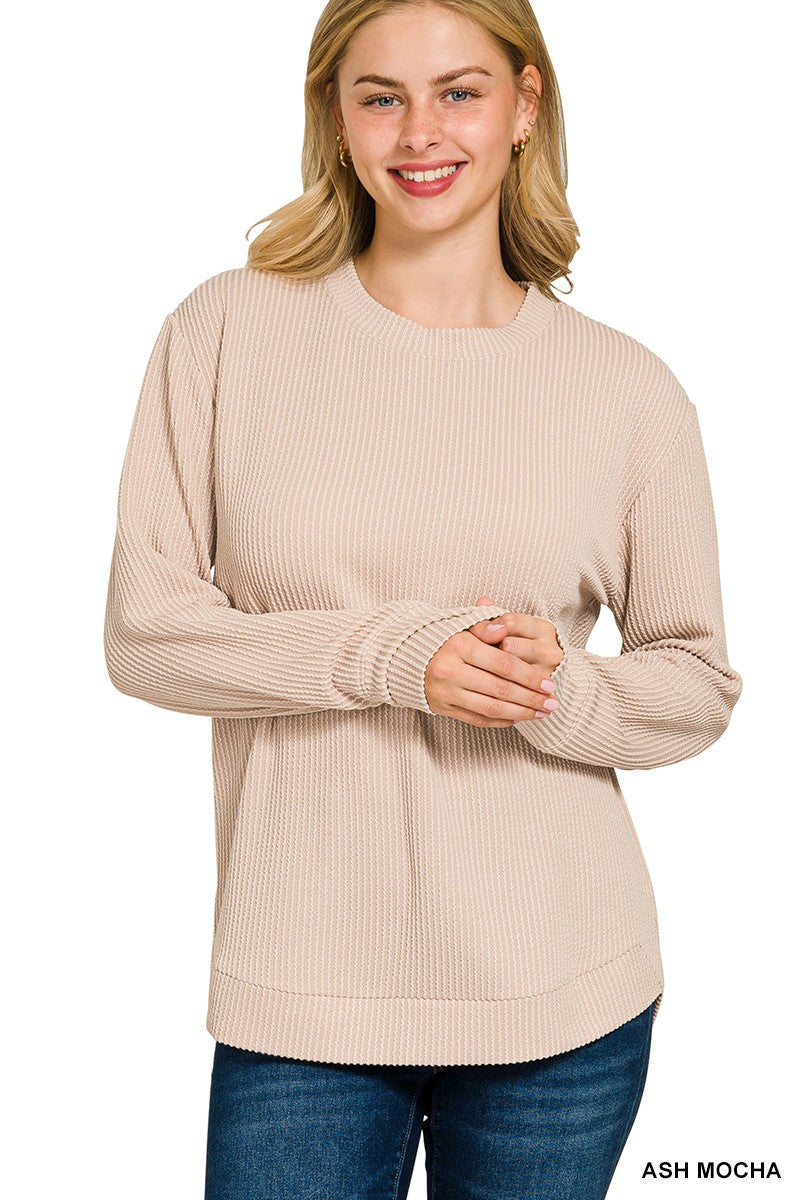 Raised Rib Round Neck Long Sleeve Top (5 COLORS) | ZENANA *LA LIVE PREORDER
