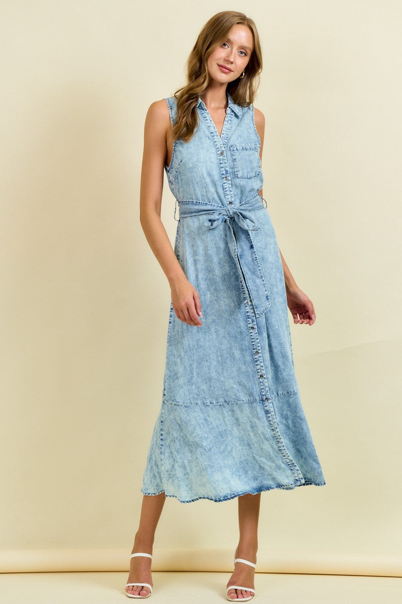 Button Front Denim Midi Dress W/ Tie Belt