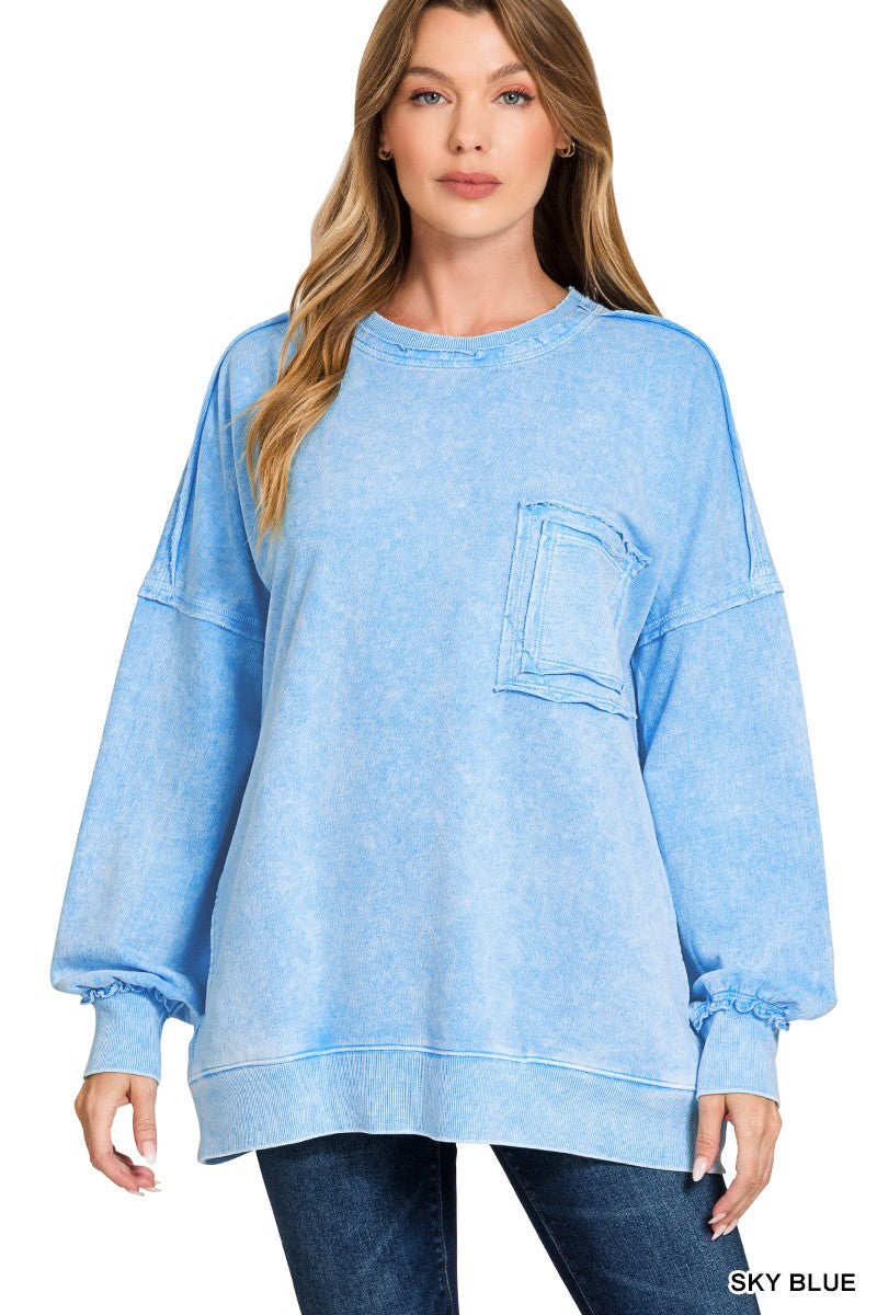 Halo Washed French Terry Exposed-seam Sweatshirt (6 COLORS) | ZENANA *LA LIVE PREORDER