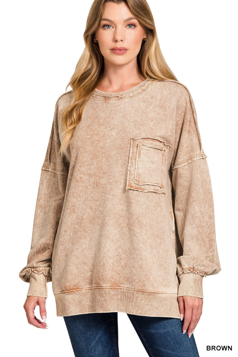 Halo Washed French Terry Exposed-seam Sweatshirt (6 COLORS) | ZENANA *LA LIVE PREORDER