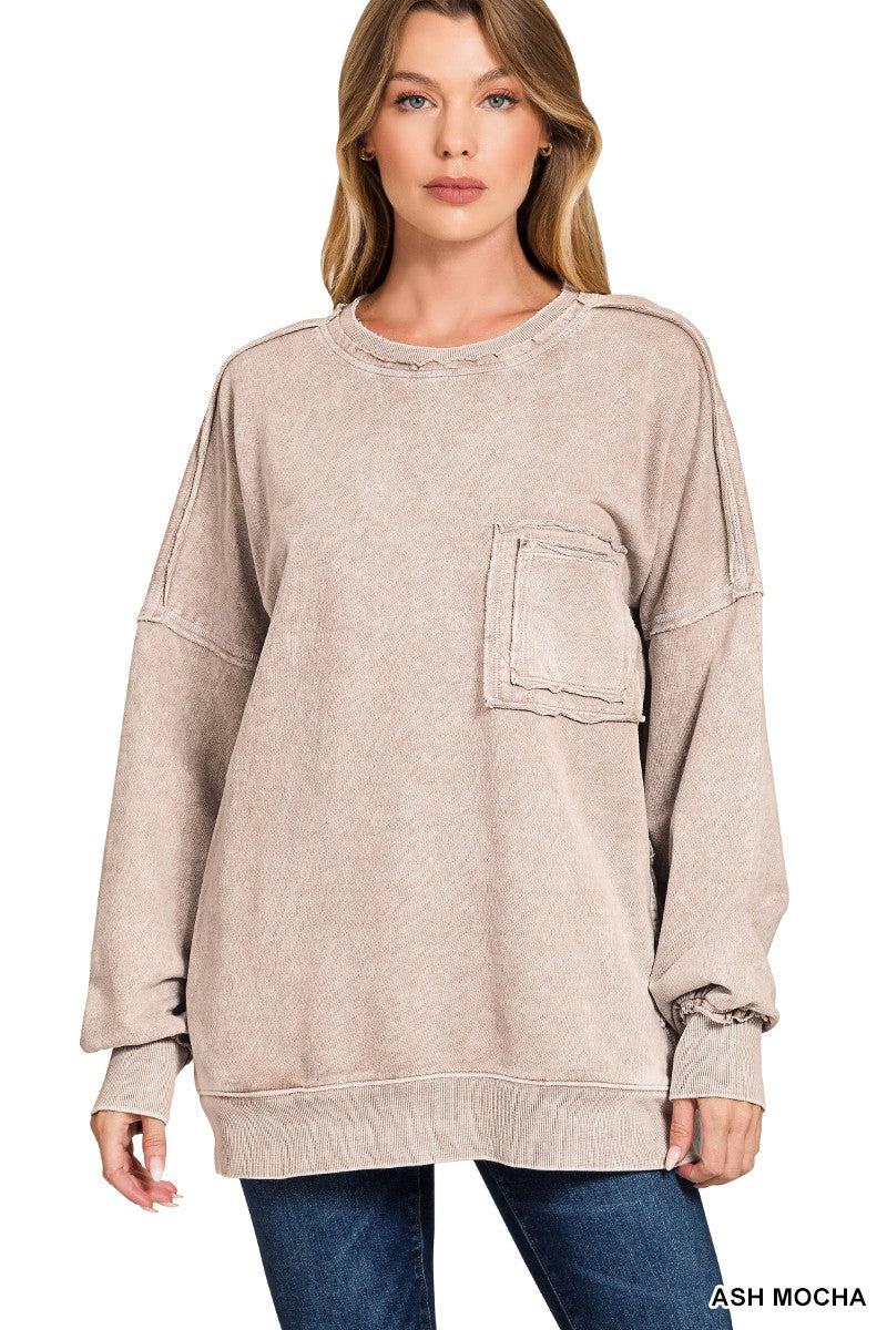 Halo Washed French Terry Exposed-seam Sweatshirt (6 COLORS) | ZENANA *LA LIVE PREORDER