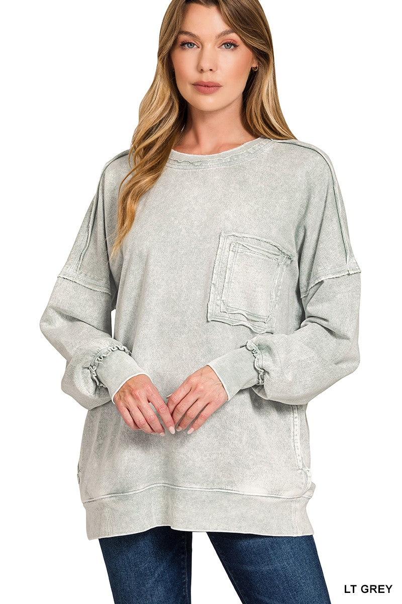 Halo Washed French Terry Exposed-seam Sweatshirt (6 COLORS) | ZENANA *LA LIVE PREORDER