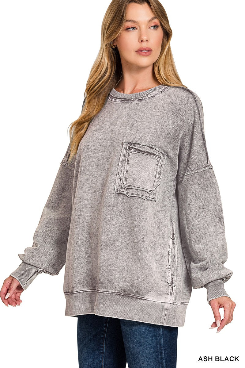 Halo Washed French Terry Exposed-seam Sweatshirt (6 COLORS) | ZENANA *LA LIVE PREORDER