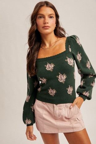 Square Neck Puff Sleeve Floral Sweater | HEM & THREAD *LA LIVE PREORDER 37% OFF