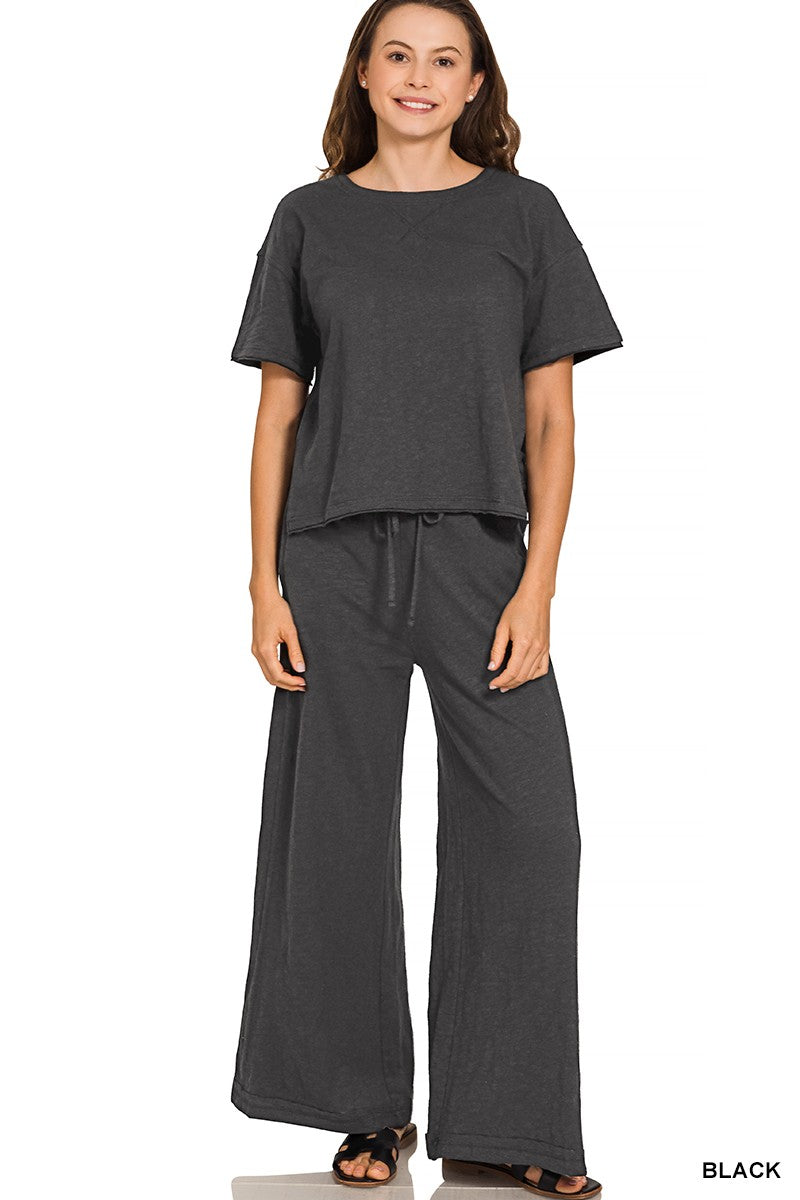 Cotton Slub Short Slv Tee & Pants Set (3 COLORS) | ZENANA *LA LIVE PREORDER