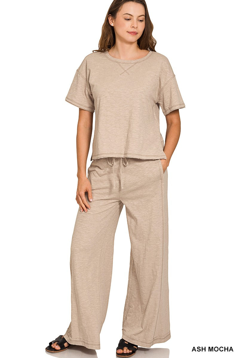 Cotton Slub Short Slv Tee & Pants Set (3 COLORS) | ZENANA *LA LIVE PREORDER
