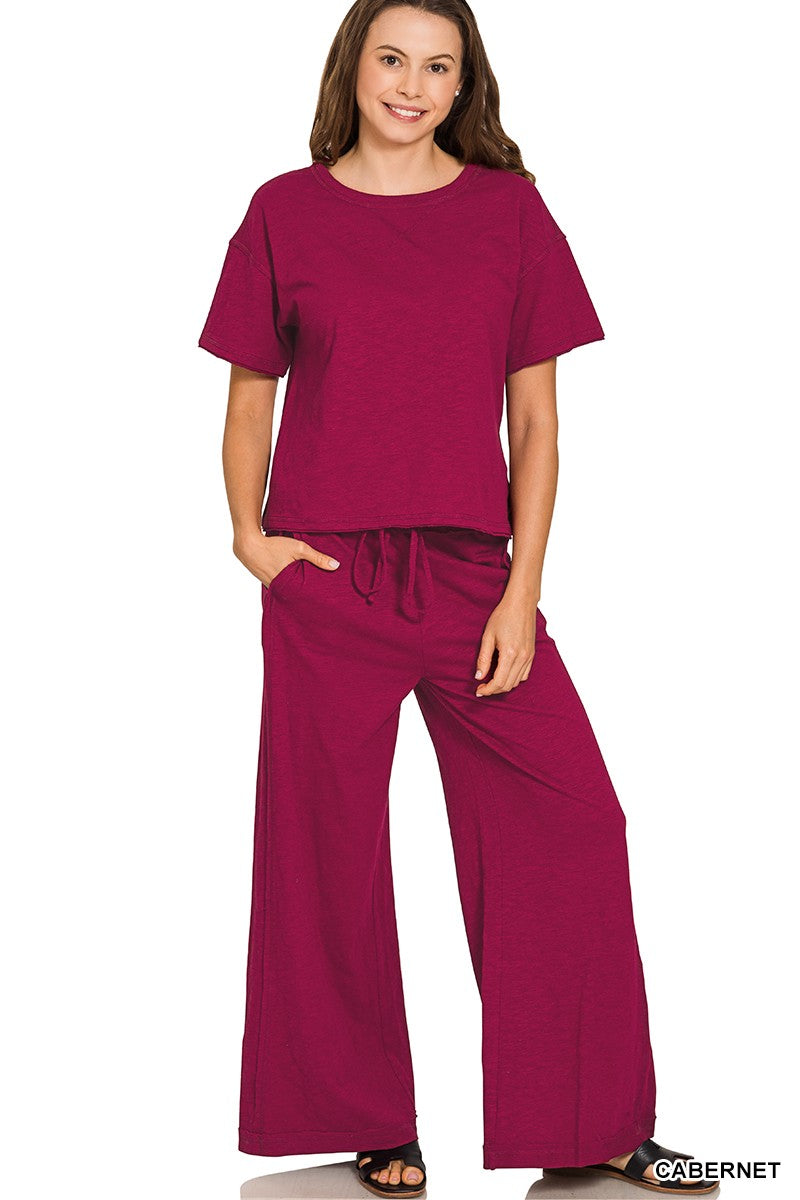 Cotton Slub Short Slv Tee & Pants Set (3 COLORS) | ZENANA *LA LIVE PREORDER