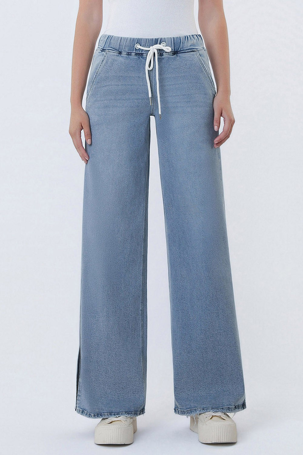 High Rise Drawstring Waistband Slit Wide Leg Jeans | LOVERVET by VERVET *LA LIVE PREORDER 34% OFF