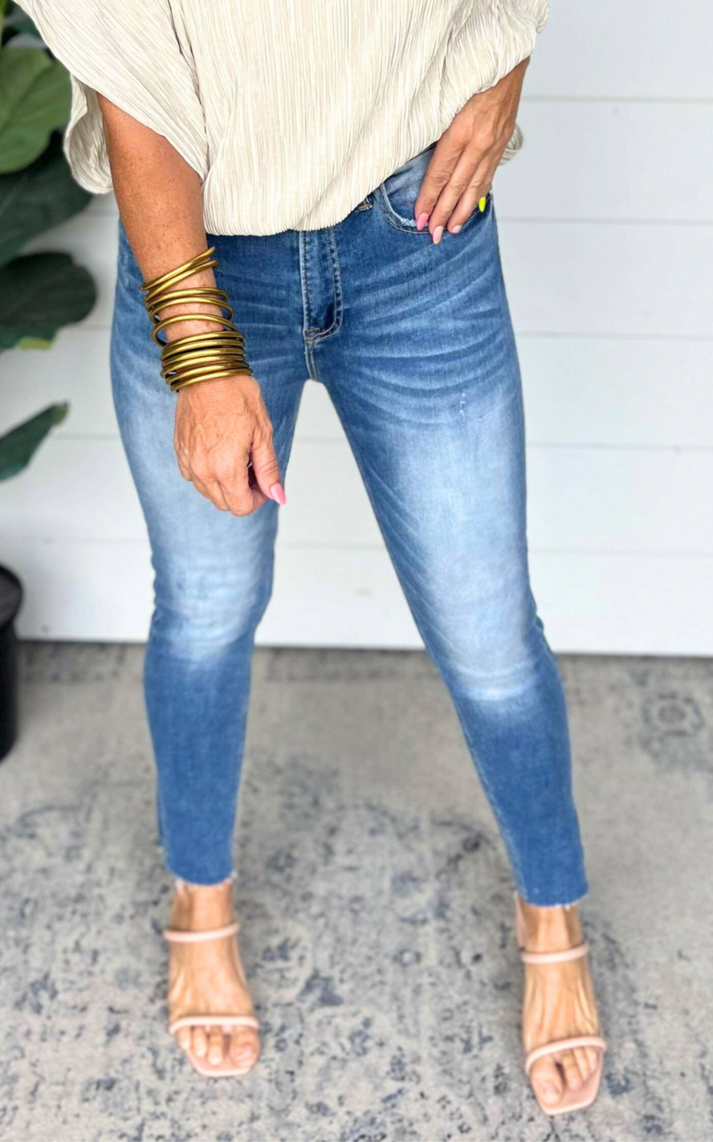 High Rise Relaxed Fit Skinny Denim Jean w/ Side Slits - Risen