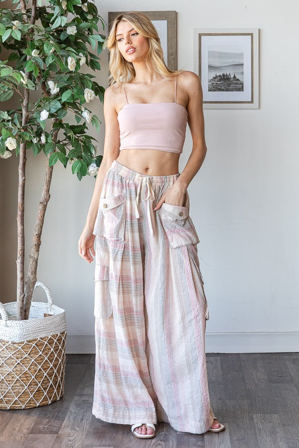 Washed 3D Pocket Narrow Stripe Wide Leg Pants | Oli & Hali