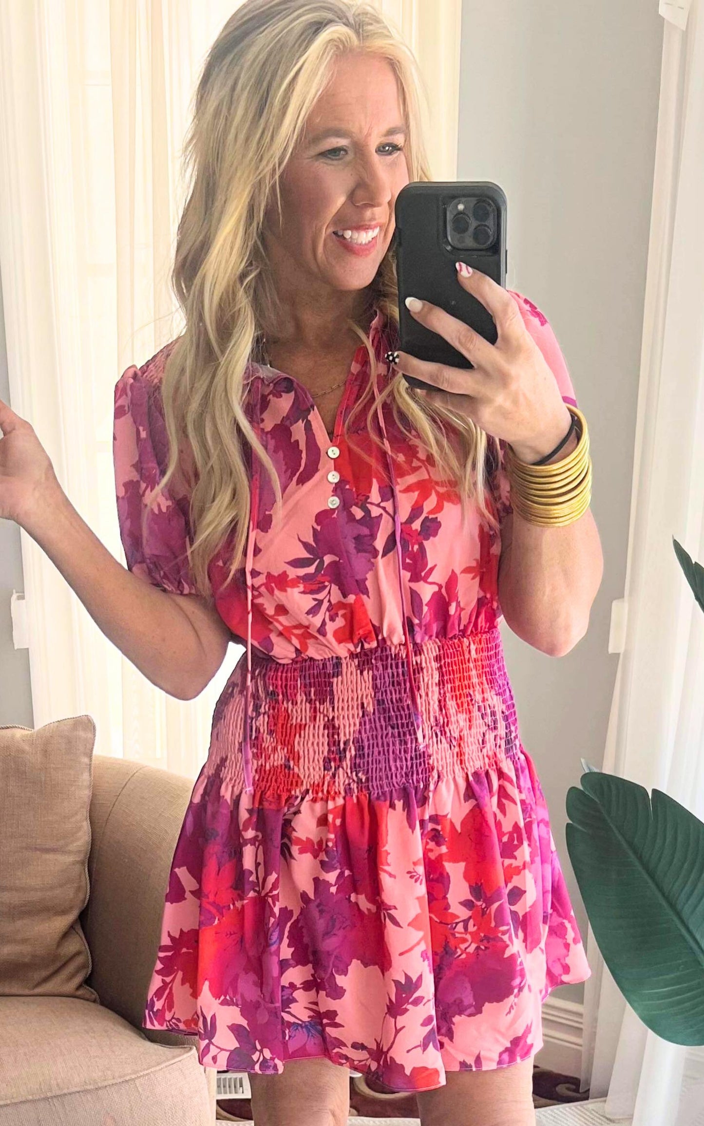 Secret Garden Floral Print Smocked Short Dress - Final Sale