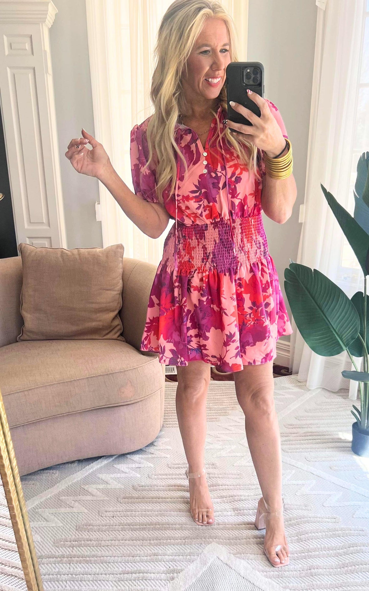 Secret Garden Floral Print Smocked Short Dress - Final Sale