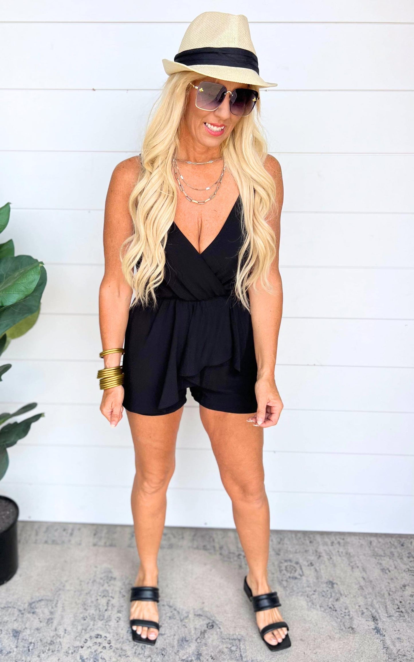 Texture Solid Asymmetrical Ruffle Romper - BLACK** - Final Sale