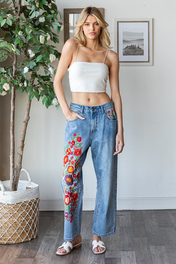 Washed Flower Embroidery Denim Jeans | OLi & HALI - Final Sale