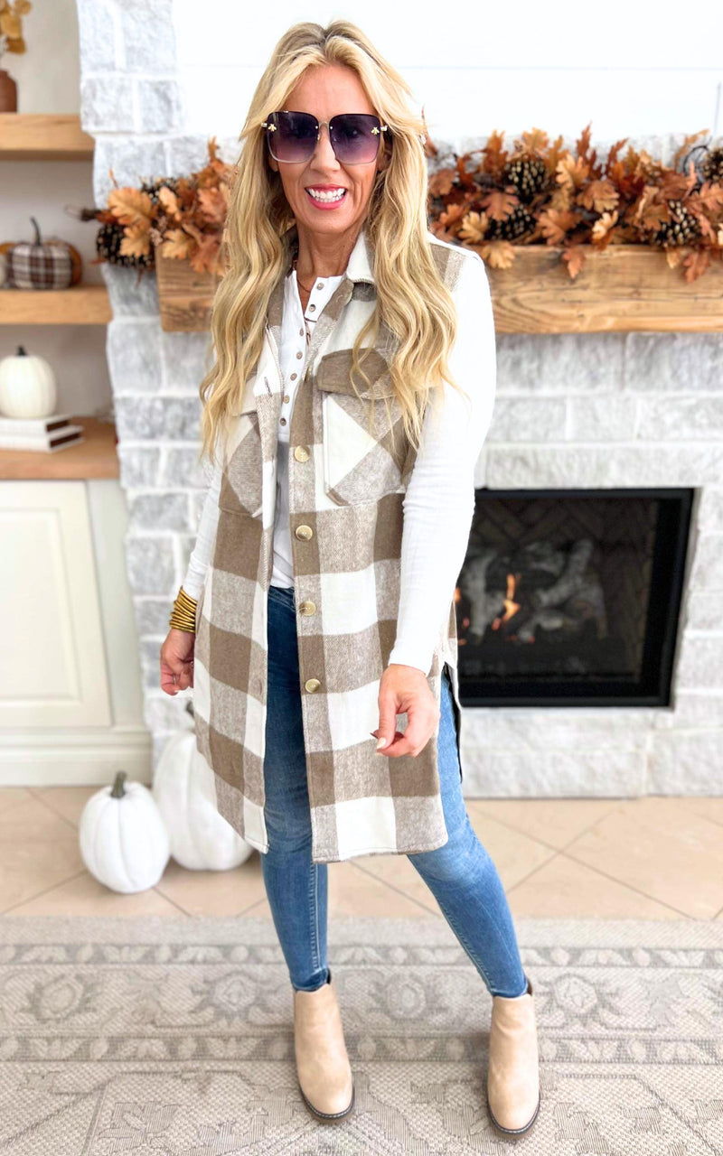 Leave Them Speachless Wool Plaid Long Vest - Taupe