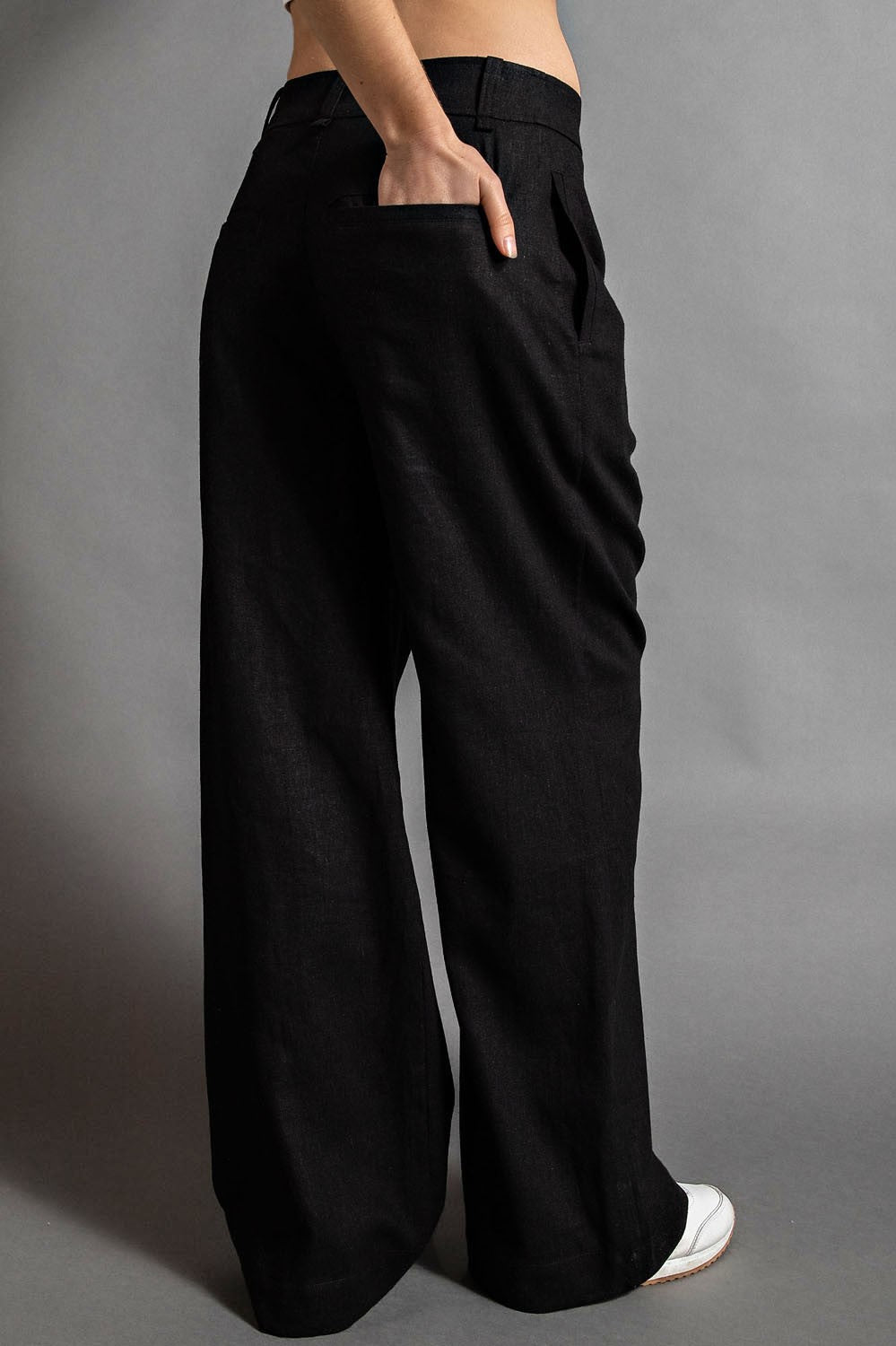 Black Linen Wide Leg Pintuck Pleat Pants | RAE MODE - Final Sale
