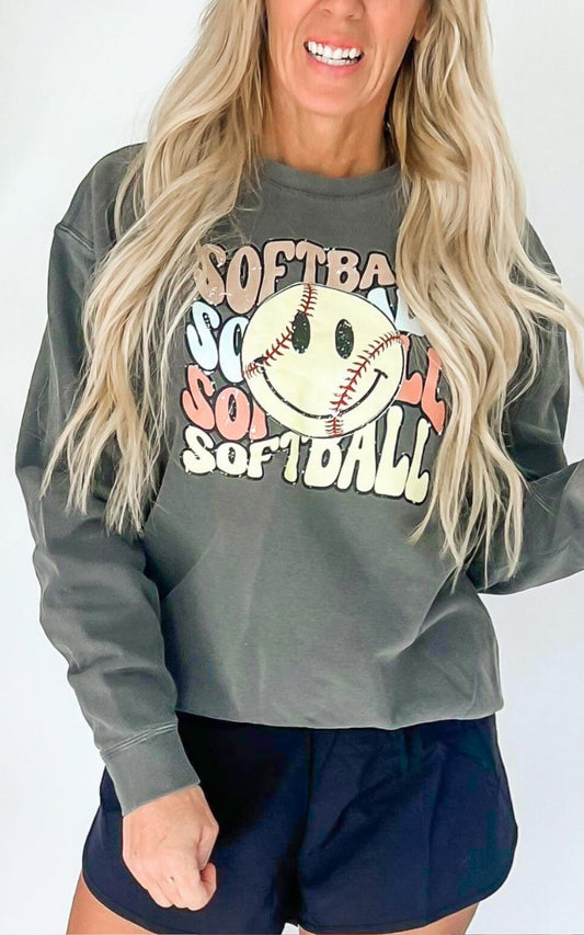 Charcoal Softball Yellow Smiley Comfort Colors Lightweight Crewneck Sweatshirt**