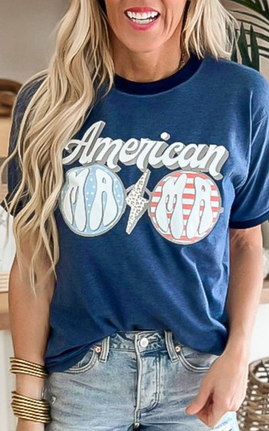 Denim Navy AMERICAN MAMA Ringer Graphic T-shirt - Final Sale
