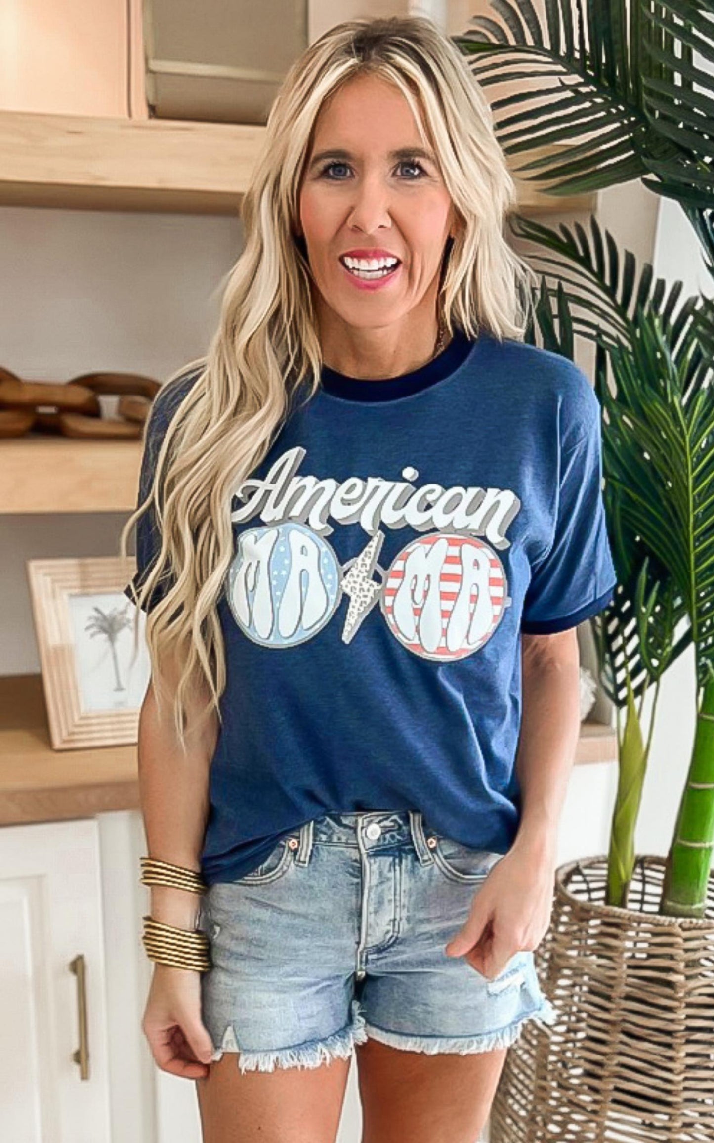 Denim Navy AMERICAN MAMA Ringer Graphic T-shirt - Final Sale