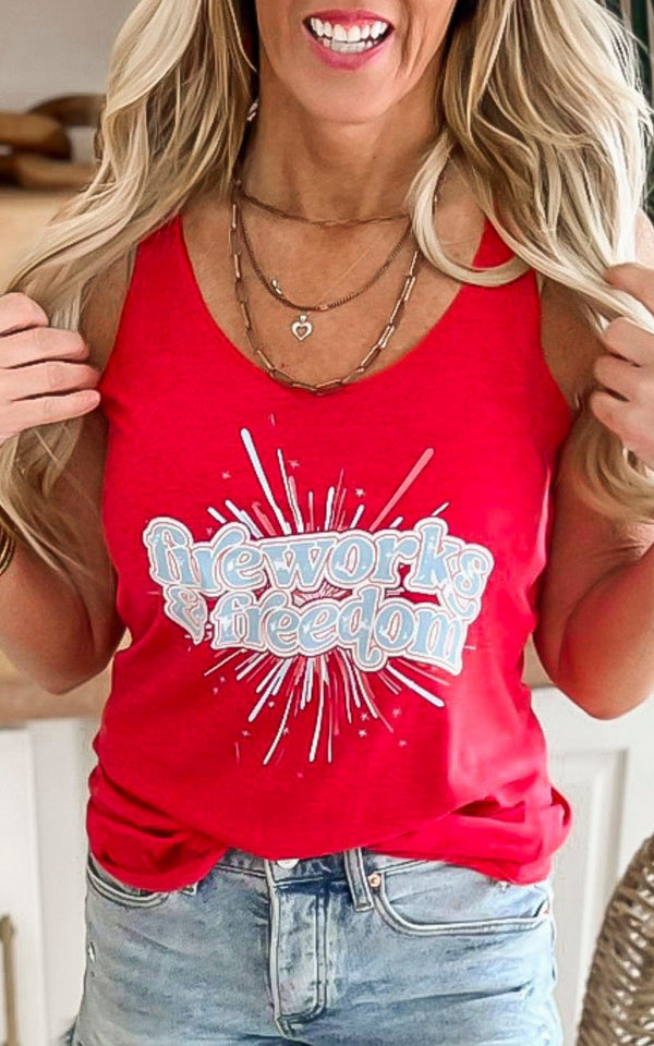 Red FIREWORKS & FREEDOM Racerback Tank Top