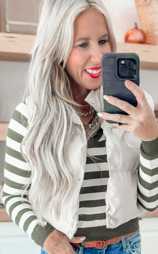 Olive Cream Striped V-Neck Sweater - DEAL