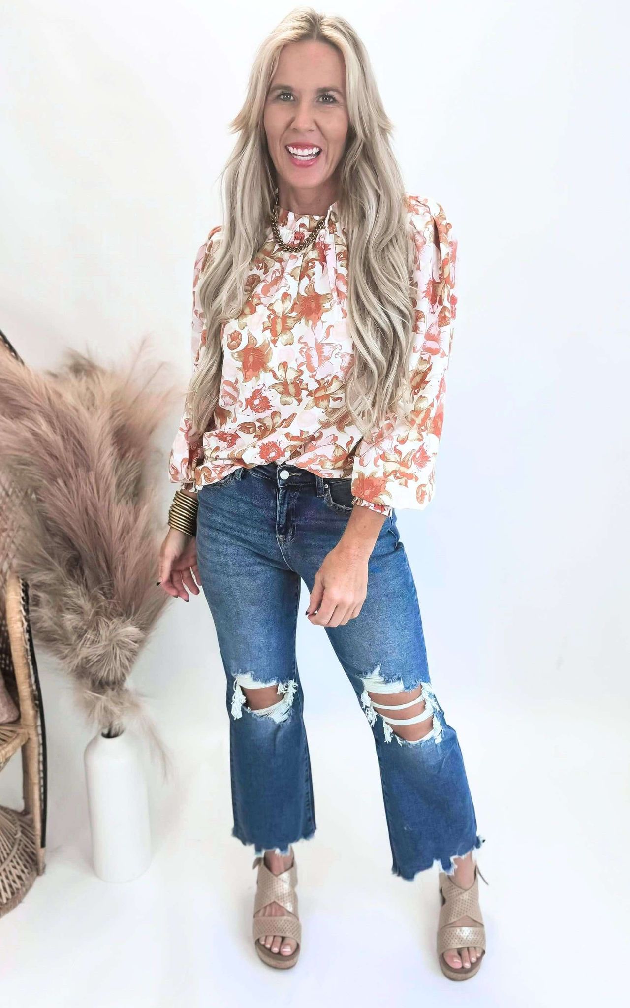 Floral Print Long Sleeve Mock Neck Blouse Top** - Final Sale