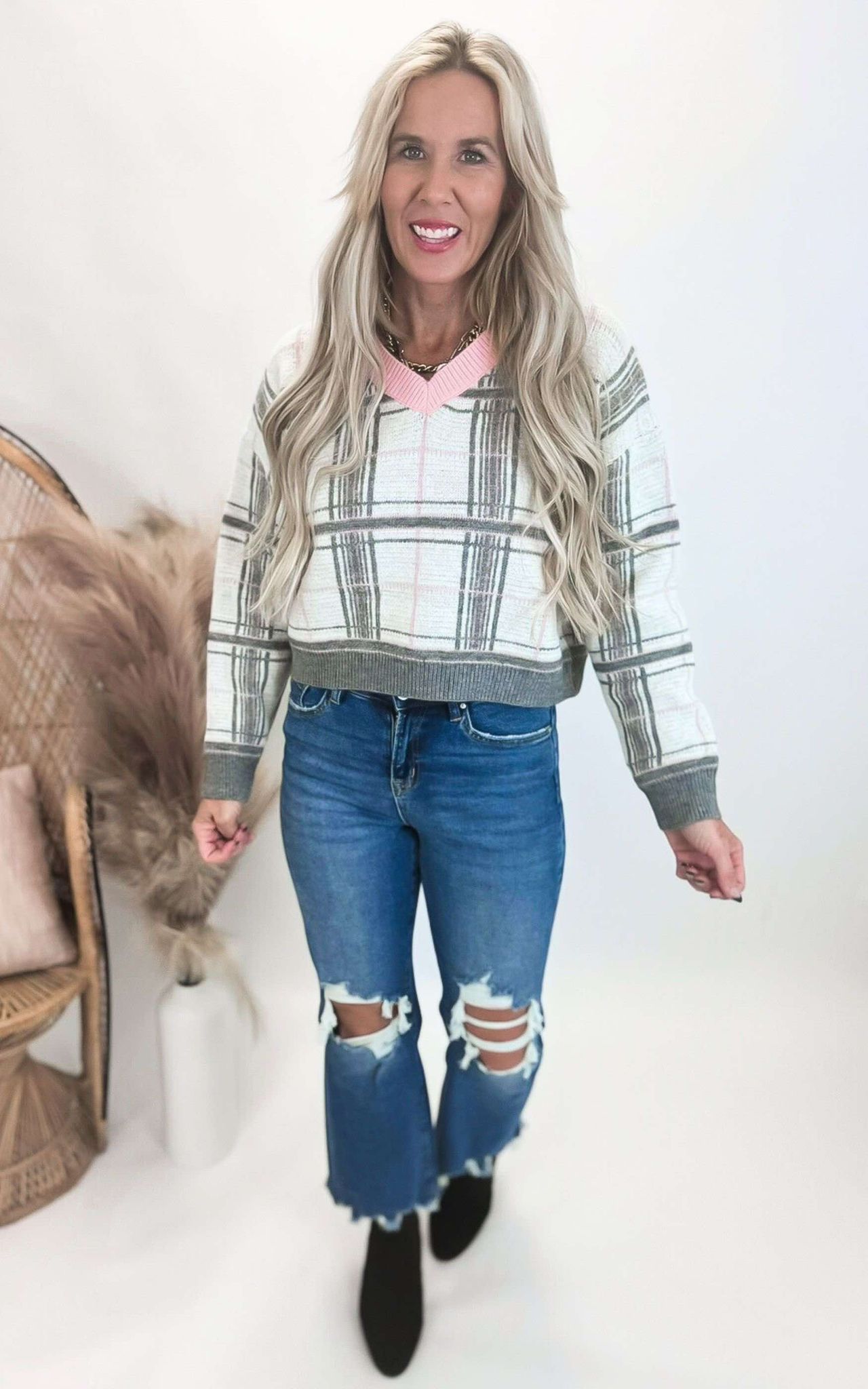 Heather Grey Plaid V-Neck Sweater** FINAL SALE