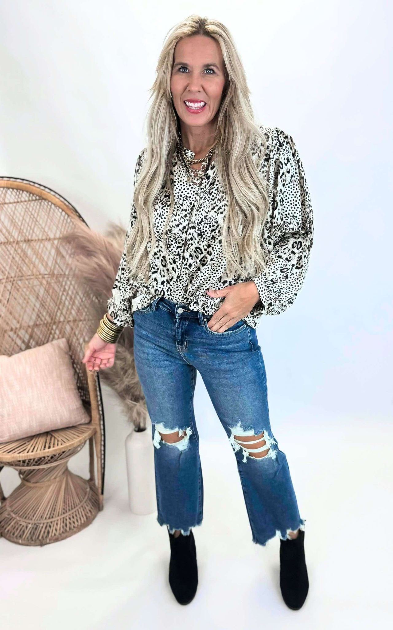 Natural Leopard 3/4 Sleeve Blouse Top** - Final Sale