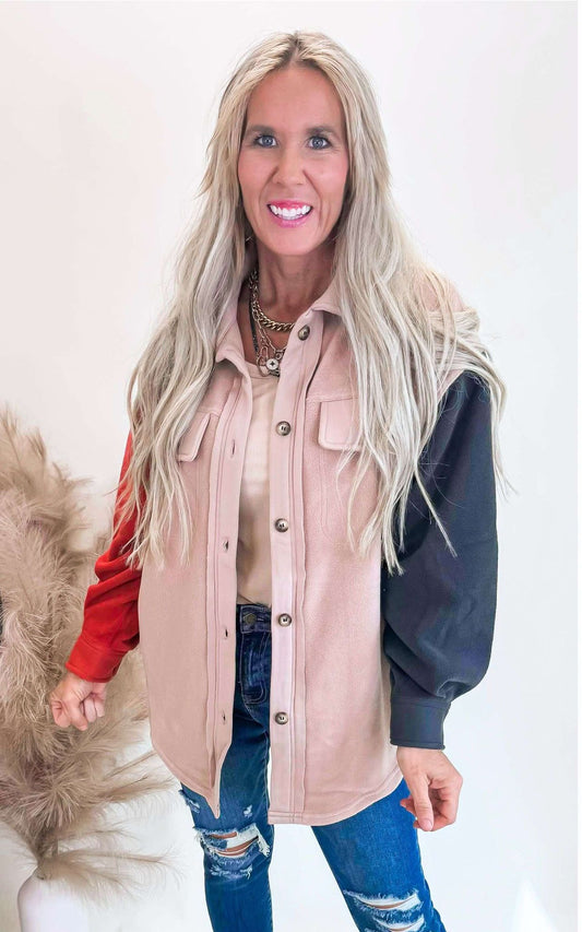 Taupe Fleece Color Block Shacket - Final Sale**