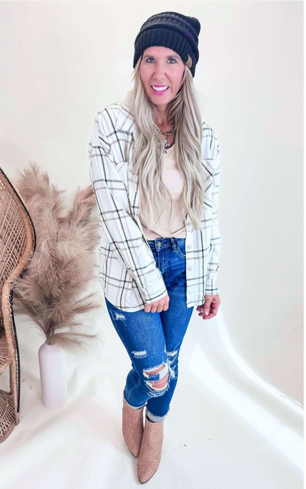 Open Window Oversized Plaid Linen Blend Shirt