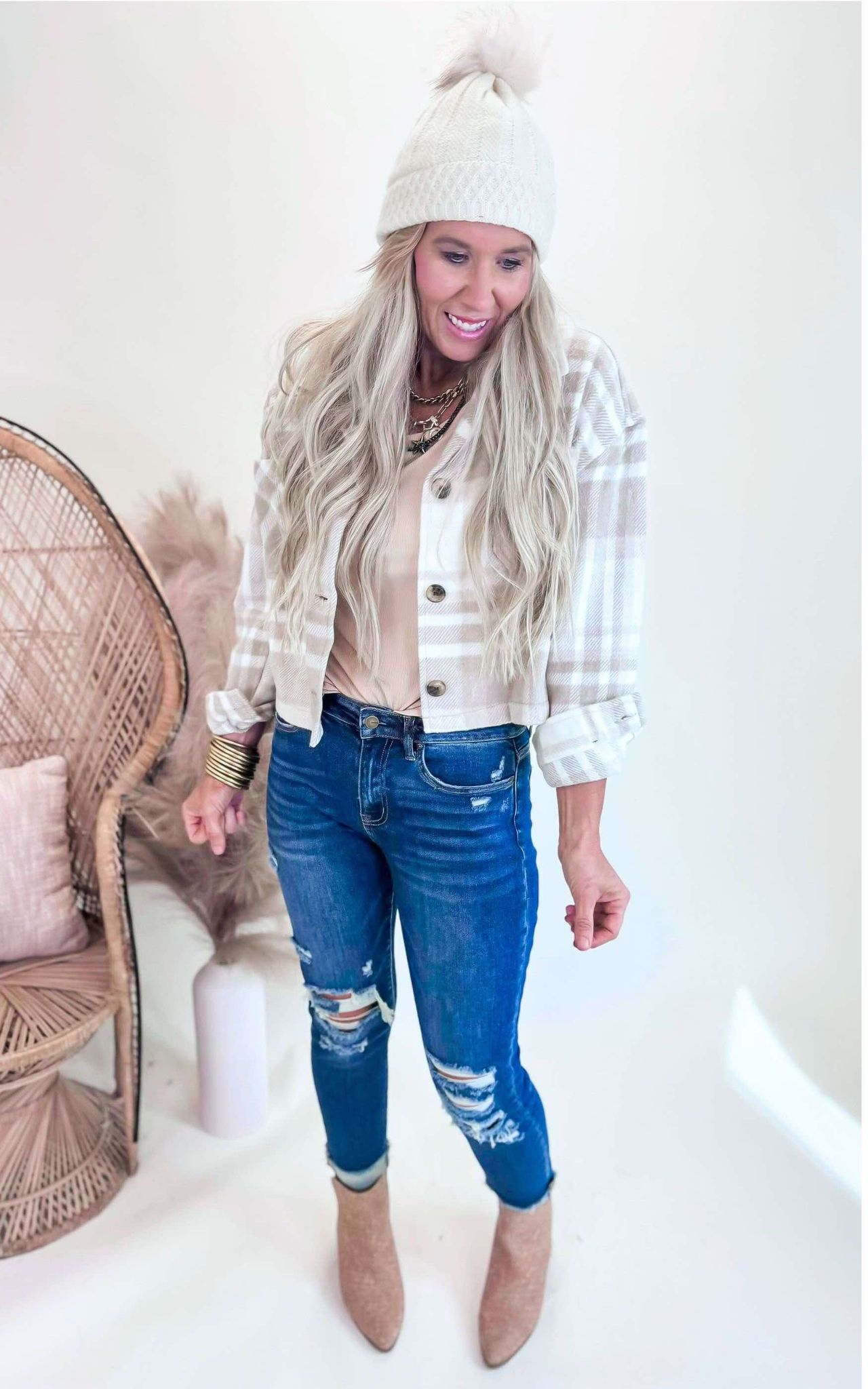 Beige Classic Plaid Cropped Shacket - Final Sale