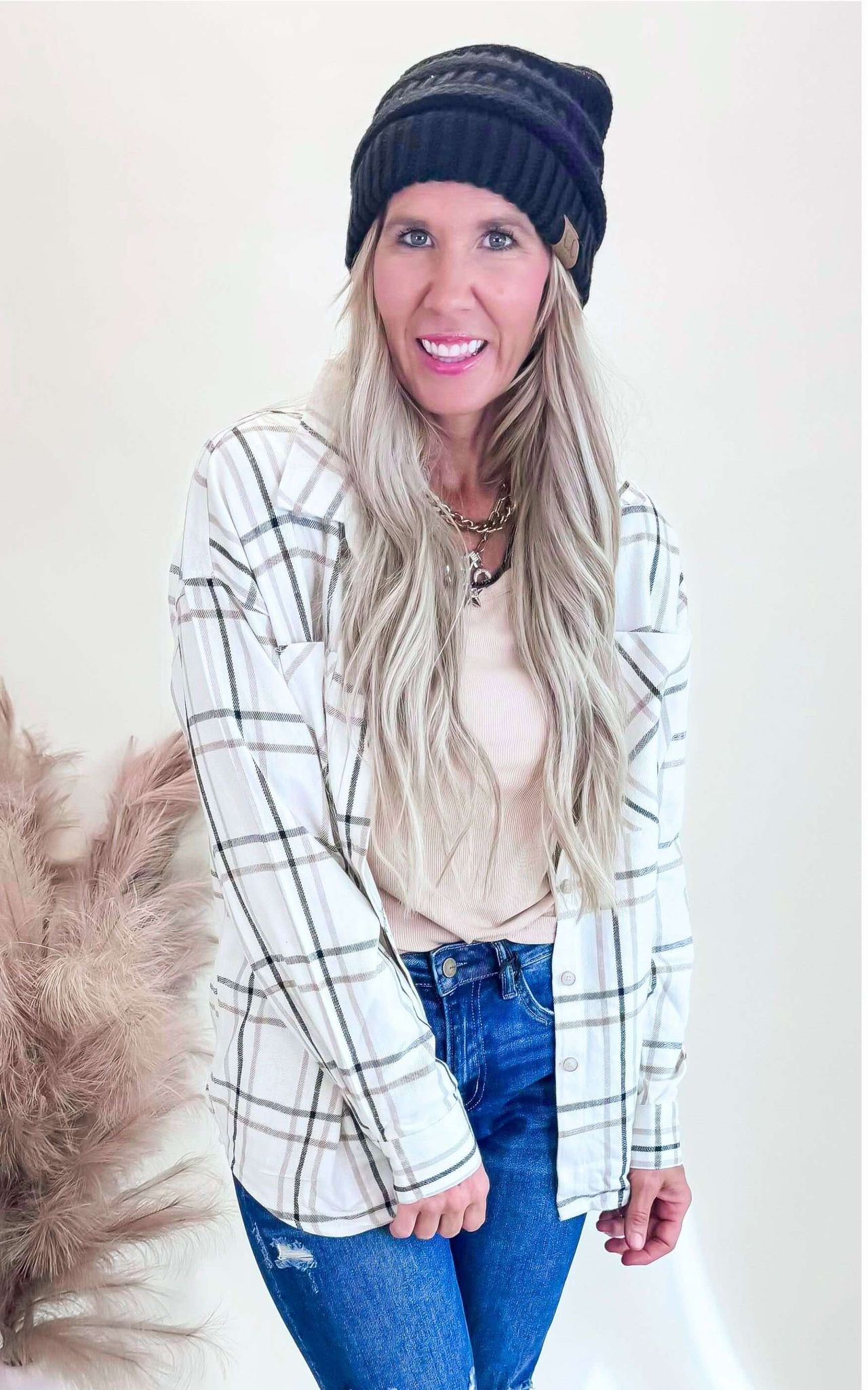 Open Window Oversized Plaid Linen Blend Shirt