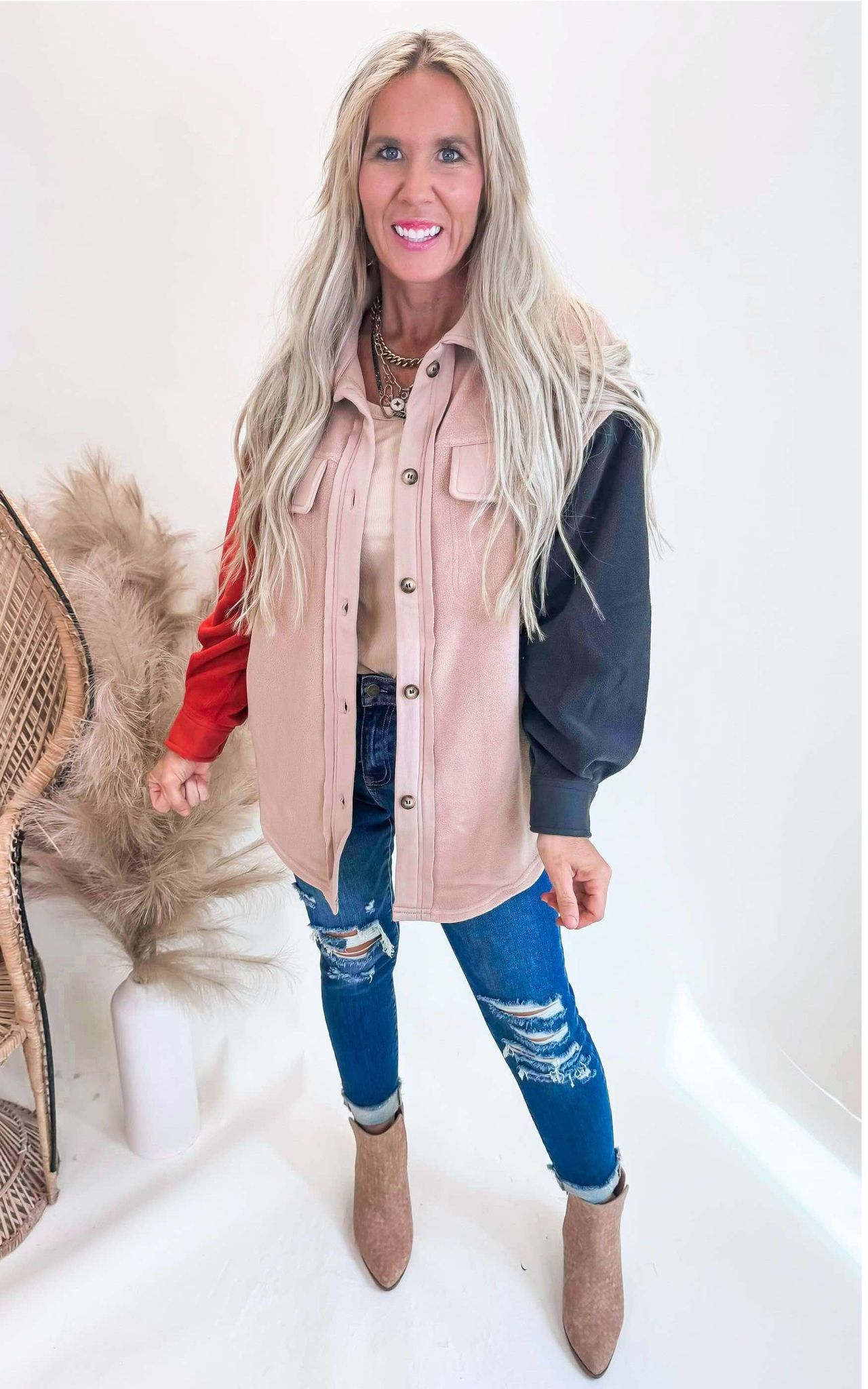 Taupe Fleece Color Block Shacket - Final Sale**