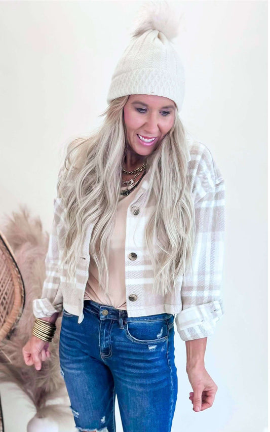 Beige Classic Plaid Cropped Shacket - Final Sale